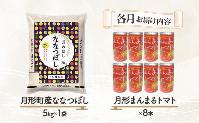 北海道月形産ななつぼし5kg+月形町産完熟トマト「桃太郎」使用『月形まんまるトマト』8本 2ヵ月連続 定期便 お米 果汁飲料 野菜飲料 トマトジュース