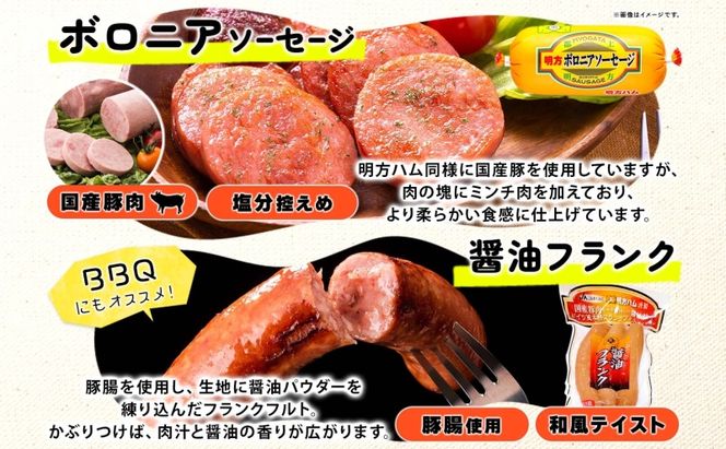 明方 ハム Aセット ボロニア ソーセージ フランクフルト JA ブランド 豚肉 お肉 国産 熟成 塩分 控えめ 豚腸 バーベキュー BBQ 加工品 お取り寄せ 贈答 ギフト 送料無料 めぐみの農業協同組合 岐阜県 美濃市