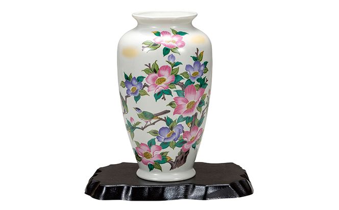 九谷焼　8号花瓶　花鳥（台付） 