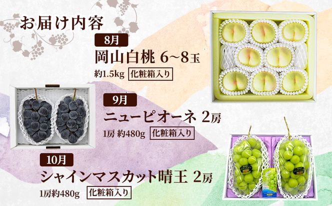 定期便 2027年 先行予約 岡山の人気果物 厳選 3回コース 桃 白桃 ぶどう ピオーネ シャインマスカット 晴王 赤磐市