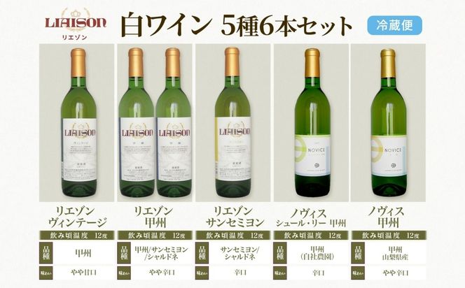 白ワイン 5種 6本 セット 720ml ヴィンテージ 甲州 サンセミヨン シュールリー 甲州 甲州 Liaison NOVICE リエゾン ノヴィス フルボトル ワイン お酒 飲み比べ 山梨 日川中央葡萄酒 送料無料 山梨県 笛吹市 177-7-35