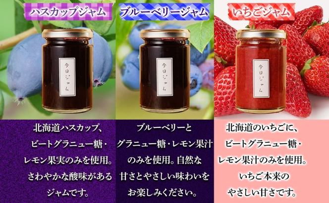【ふるさと納税】ジャム3種セット 各1個 ハスカップジャム ブルーベリージャム いちごジャム  今日ジャム 北海道産 自家製 パン ヨーグルト 朝食 濃厚 甘い デザート スイーツ おやつ グルメ ご褒美 贅沢 ギフト 送料無料 北海道 滝川市