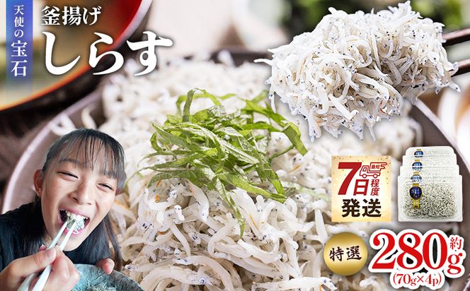 しらす 【天使の宝石】特選 釜揚げしらす 約280g 70g×4パック 特選 小分け 国産 ちりめんじゃこ 離乳食 しらす シラス 稚魚 魚介 魚 海産物 釜茹で ドロメ しらす丼 料理 ご飯のお供 カワクボFACTORY 高知県 香南市 fa-0001