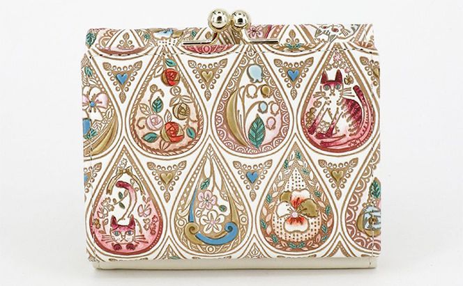 【文庫屋大関】三つ折りミニ財布　花と猫（ローズ）【皮革工芸品】 ファッション 小物 民芸品 お札 カード 小銭 手のひらサイズ コンパクト 蝶々 牛革 手作り 国産 