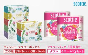 【スコッティ】ティシュー フラワーボックス 250組（5箱パック×1セット・3箱パック×1セット）＋フラワーパック 3倍長持ち（4ロール(ダブル)パック×2セット）ティッシュ トイレットペーパー 日用