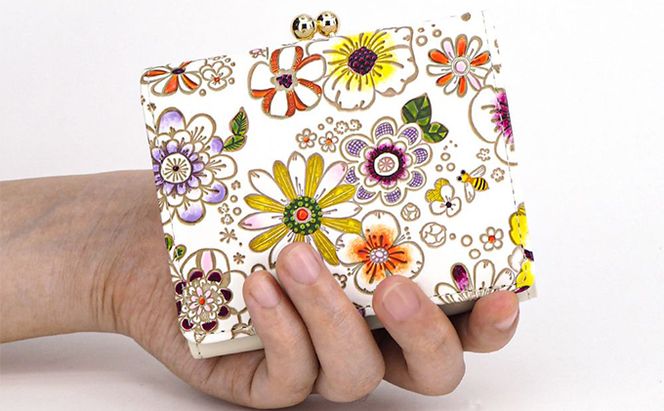 【文庫屋大関】三つ折りミニ財布　みつばち【皮革工芸品】 ファッション 小物 民芸品 お札 カード 小銭 手のひらサイズ コンパクト 花 ミツバチ 牛革 手作り 国産 