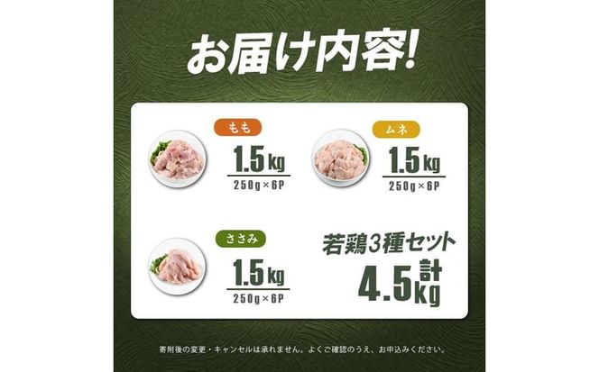 小分けで便利！鹿児島県産若鶏＜もも・ムネ・ささみ＞セット 計4.5kg a5-377