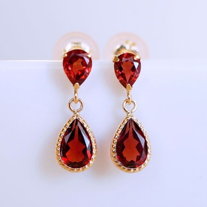 K10YG(10金) イエローゴールド 揺れる ガーネット アンティーク ピアス 保証書付 SR-2261 242-050-e