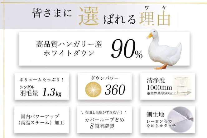 【パウダーグレー】軽くて暖か 羽毛布団 本掛け シングル ハンガリーホワイトダウン90％ DP360 羽毛ふとん 掛け布団 掛布団｜アクア <京都金桝>