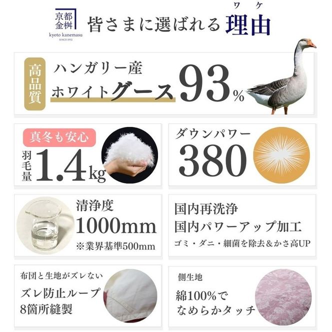 ＜京都金桝＞羽毛布団 シングル  ハンガリーホワイトグースダウン93％ 1.4kg 日本製 冬用 布団 DP380 京都亀岡産 アヌビス【ピンク】