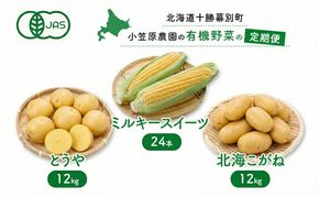 小笠原農園の有機野菜 定期便 夏「とうもろこし」ミルキースイーツ24本・秋「じゃがいも2種」とうや12kg・北海こがね12kg《2026年8月出荷開始》北海道 十勝 幕別【 スイートコーン 芋 セット 野菜 】