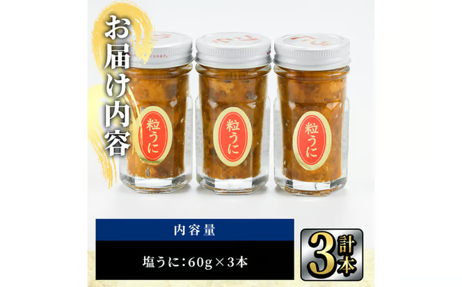 こだわりの塩うにセット(60g×3本)うに ウニ 雲丹 塩うに ミョウバン不使用 冷凍 海の直売所 大分県 佐伯市【AS93】【海べ】