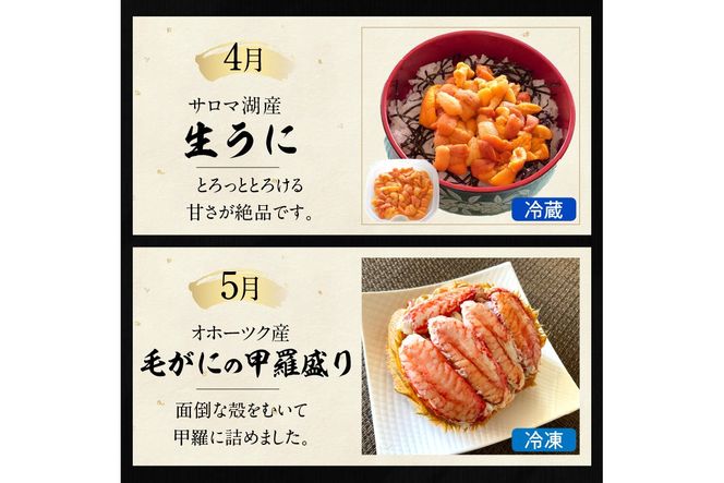 【全7回定期便】オホーツク海・サロマ湖で水揚げされた「旬」の魚介が届く！わくわく定期便 ( ウニ 毛ガニ 甲羅盛り ほたて ホタテ 真ほっけ 海鮮丼 カキ たらばがに 定期便 魚介 北の味覚 )【999-0197】