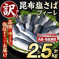 訳あり！昆布塩さばフィーレ(A品B品混合2.5kg) 大容量 ボリューム サバ 鯖 フィレ 魚介類 海産物 海鮮 海の幸 おかず おつまみ 惣菜 グリル 焼き魚 煮魚 切り身 昆布 塩サバ 脂 ご家庭用 リピート 【グローバルフーズ】akn061-04