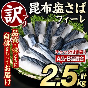 訳あり！昆布塩さばフィーレ(A品B品混合2.5kg) 大容量 ボリューム サバ 鯖 フィレ 魚介類 海産物 海鮮 海の幸 おかず おつまみ 惣菜 グリル 焼き魚 煮魚 切り身 昆布 塩サバ 脂 ご家庭用 リピート 【グローバルフーズ】a-12-343-z