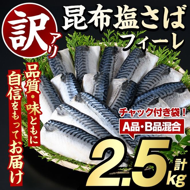 訳あり！昆布塩さばフィーレ(A品B品混合2.5kg) 大容量 ボリューム サバ 鯖 フィレ 魚介類 海産物 海鮮 海の幸 おかず おつまみ 惣菜 グリル 焼き魚 煮魚 切り身 昆布 塩サバ 脂 ご家庭用 リピート 【グローバルフーズ】a-12-343-z