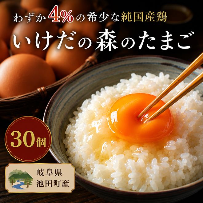 卵 わずか4%の希少な純国産鶏 いけだの森たまご 30個 こだわり おこめのたまご 玉子 鶏卵 生卵 産地直送 冷蔵配送 TKG 卵かけご飯 岐阜県産 