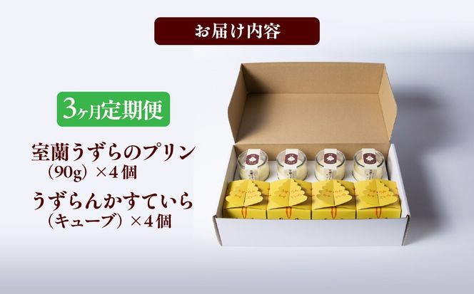 ≪3ヶ月定期便≫室蘭うずらのプリン4個＆かすていらキューブ4個 MROF009