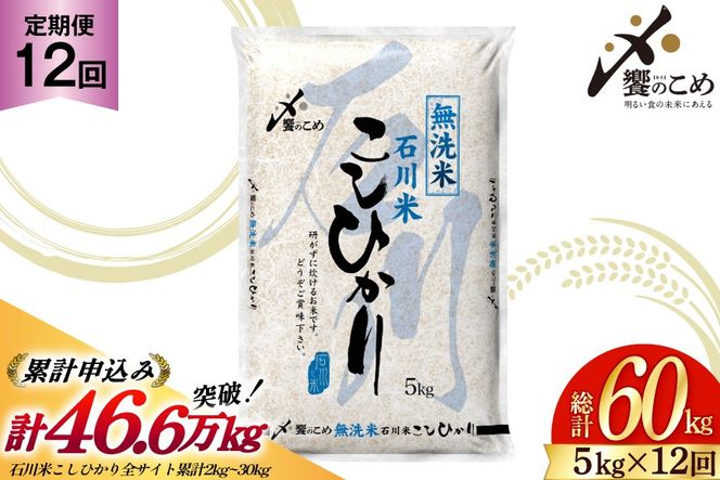 米 定期便 無洗米 石川米 こしひかり 5kg 12回 計 60kg [中橋商事 石川県 宝達志水町 38601338] コシヒカリ お米 こめ おこめ ごはん ご飯 12ヶ月 １２ヶ月 12か月 １２か月 5キロ ５キロ 60キロ ６０キロ 白米 精米