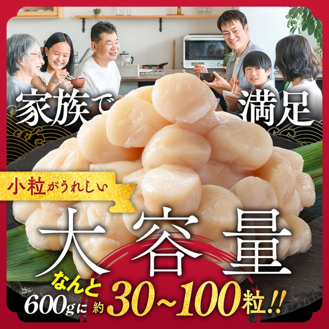 13-399 【訳あり】北海道オホーツク産ホタテ貝柱(生食用)小粒大入 600g ｜ サイズ不揃い ワケアリ 訳あり ほたて ホタテ 帆立 貝柱 玉冷
