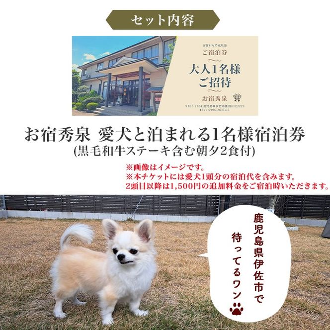 isa812 お宿秀泉 愛犬と泊まれる1名様宿泊券(黒毛和牛ステーキ含む朝夕2食付) 鹿児島県 伊佐市 宿泊 宿泊券 宿泊チケット 旅行 天然温泉 伊佐米 黒毛和牛 ステーキ 愛犬 犬 同伴可 【お宿秀泉】