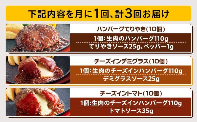 【全3回定期便】【福岡工場直送】ジョイフル ハンバーグ スペシャル 詰め合わせ 3種 30個セット 《築上町》【株式会社　ジョイフル】[ABAA042]