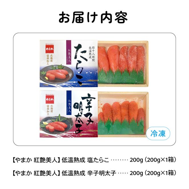 たらこ 低温熟成塩たらこ 辛子明太子 各200g セット やまか 紅艶美人 タラコ めんたいこ めんたい 少量 小分け 海鮮 魚介 魚卵 ごはんのお供 人気 北海道グルメ R005-041