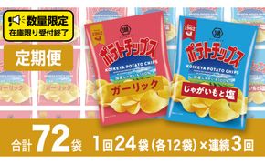【 湖池屋 3ヶ月 定期便 】湖池屋 ポテトチップス 2種類アソート （じゃがいもと塩・ガーリック）（各12袋・計24袋 ×３回） ポテチ お菓子 おかし 大量 スナック おつまみ ジャガイモ じゃがいも まとめ買い スナック菓子 頒布会 数量限定 [DA048us]