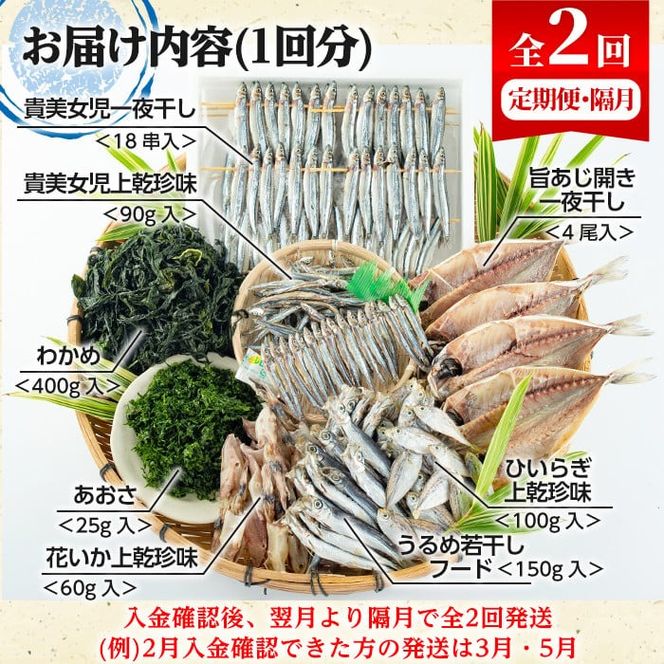＜定期便・全2回(隔月)＞阿久根市産 干物(8種)国産 鹿児島県産 ひもの 開き 一夜干し がらんつ 乾物 魚 キビナゴ あじ いか イカ うるめ あおさ ひいらぎ わかめ【マルフク川畑水産】akn029-14