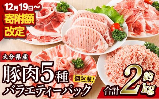 豚肉 バラエティーパック (合計2kg・5種)豚バラ しゃぶしゃぶ 鍋 とんかつ ロース 小分け 個包装 豚こま 小間切れ スライス ミンチ セット 詰め合わせ 冷凍 食べ比べ 国産 大分県 佐伯市【BD320】【西日本畜産】