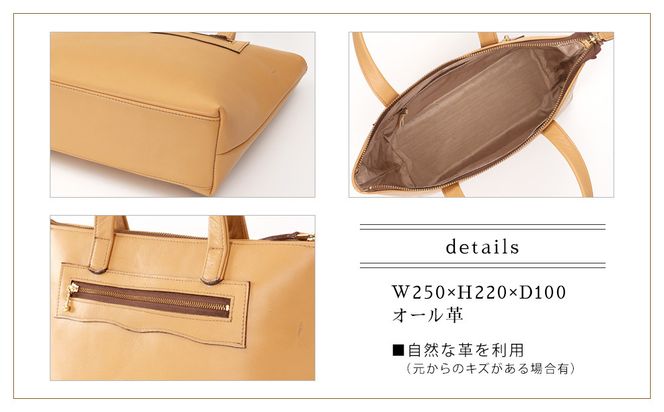 ファスナー開閉手提げ（トートバッグ）色・キャメル【革レザーバックバッグトートジップファスナー収納力大容量無地カジュアルビジネス大阪府門真市】 272230_BR012VC01