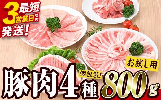 ＼3営業日以内発送／＜お試し用＞ 豚肉バラエティーパック (合計800g ・4種) 豚 ぶた 豚バラ とんかつ ロース 豚こま こま切れ スライス 豚しゃぶ しゃぶしゃぶ 小分け 個包装 セット 詰め合わせ 冷凍【BD211】【西日本畜産】