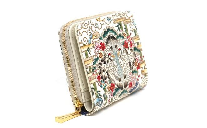 【文庫屋大関】二つ折りファスナーミニ財布 むかい鶴【皮革工芸品】財布 二つ折り 小物 お札 カード 小銭 コンパクト 牛革 手作り 日本製 墨田区 東京都