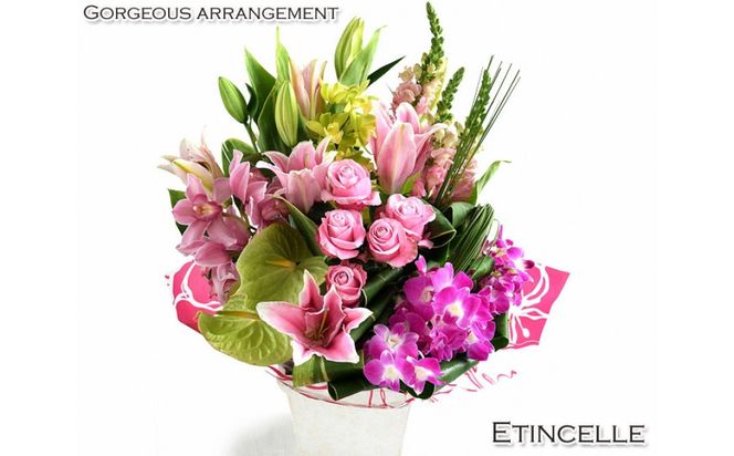 【母の日】上品でキレイめテイストのこだわりアレンジ エタンセル 赤系＜お届け日：2026年5/4～5/10 当店おまかせ ＞母の日カード付き【 母の日 ギフト アレンジ 花 贈り物 大阪府 門真市 】 272230_BG151