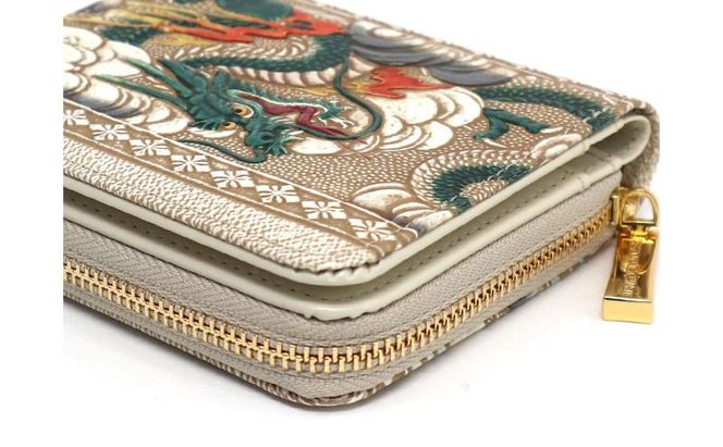 【文庫屋大関】二つ折りファスナーミニ財布 龍＜緑＞【皮革工芸品】財布 二つ折り 小物 お札 カード 小銭 コンパクト 牛革 手作り 日本製 墨田区 東京都