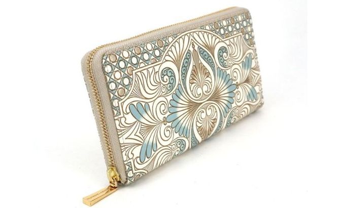 【文庫屋大関】 大容量　ぐるっとファスナーの長財布　ロカイユ＜ブルーグレー＞【皮革工芸品】 ファッション小物 民芸品 