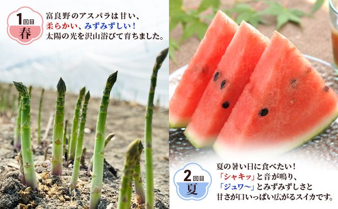 【旬をお届け定期便 全2回】 2026年春～発送 富良野産 アスパラ と 大玉スイカ の 定期便 北海道 アスパラ グリーンアスパラ 春 スイカ すいか 大玉 旬 定期便 甘い