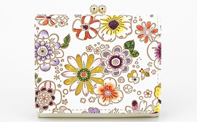 【文庫屋大関】三つ折りミニ財布　みつばち【皮革工芸品】 ファッション 小物 民芸品 お札 カード 小銭 手のひらサイズ コンパクト 花 ミツバチ 牛革 手作り 国産 