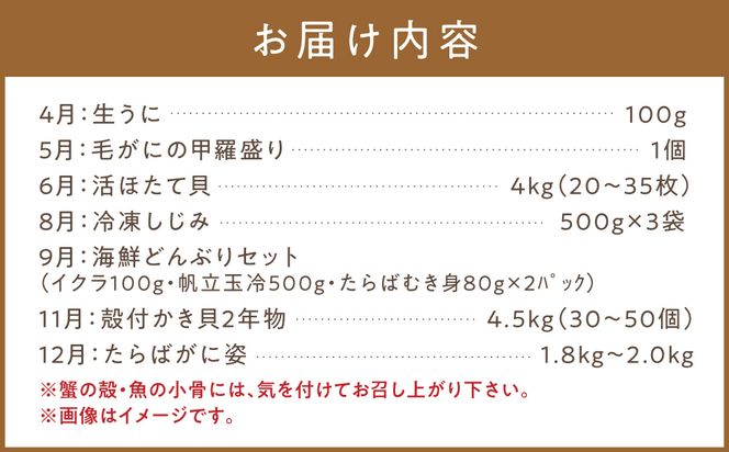 【全7回定期便】オホーツク海・サロマ湖で水揚げされた「旬」の魚介が届く！わくわく定期便 ( ウニ 毛ガニ 甲羅盛り ほたて ホタテ しじみ 海鮮丼 カキ たらばがに 定期便 魚介 北の味覚 )【999-0319】