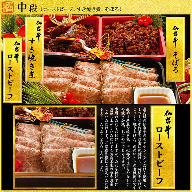 肉のいとう 最高級A5ランク 仙台牛 お肉のおせち 3段重（5～7人前）【食品 惣菜 おせち料理 御節 お取り寄せグルメ 加工食品  年内発送 2027 期間限定】 041009_AP011