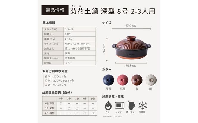G.M.P【萬古焼（ばんこやき）】菊花 深型土鍋 8号 カラー：飴【二人用、三人用、二合、2合、3合、秋、冬、おしゃれ、ご飯、ごはん 、家庭用、家族 、家庭、料理、贈り物、直火、レンジ、炊飯、鍋、なべ、スープ、煮物、煮込み、ご自宅、菊花 銀峯 GINPO 三重県 四日市 ふるさと納税】