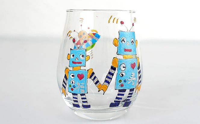 【絵付け手描き】タンブラー (丸) 「ロボット (ブルー) 」 筒井啓子作 | 耐熱ガラス 硝子 食器 おしゃれ 一点もの