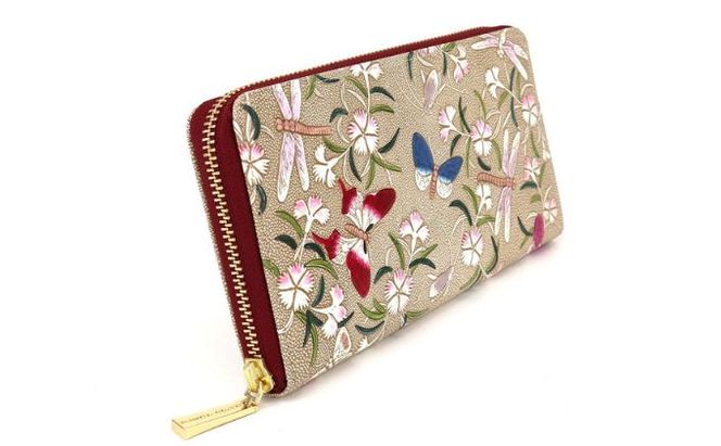 【文庫屋大関】 大容量　ぐるっとファスナーの長財布　撫子【皮革工芸品】 ファッション小物 民芸品 