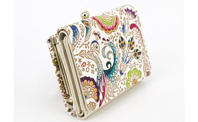 【文庫屋大関】三つ折りミニ財布　孔雀【皮革工芸品】 ファッション 小物 民芸品 お札 カード 小銭 手のひらサイズ コンパクト 大人かわいい 牛革 手作り 国産 