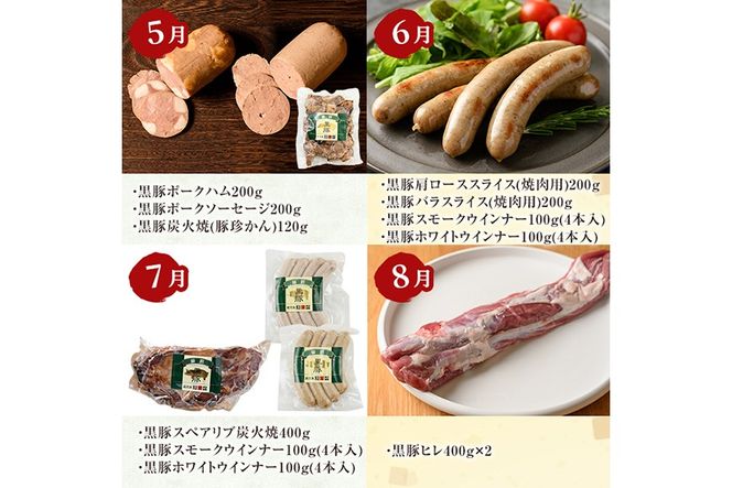 a889 《定期便全12回》鹿児島ますやの鹿児島黒豚「短鼻豚」のお肉＆無添加加工品【鹿児島ますや】姶良市 豚肉 黒豚 無添加 ソーセージ ウィンナー ウインナーソーセージ ベーコン 炭火焼き ハム 焼肉 しゃぶしゃぶ 餃子 おかず