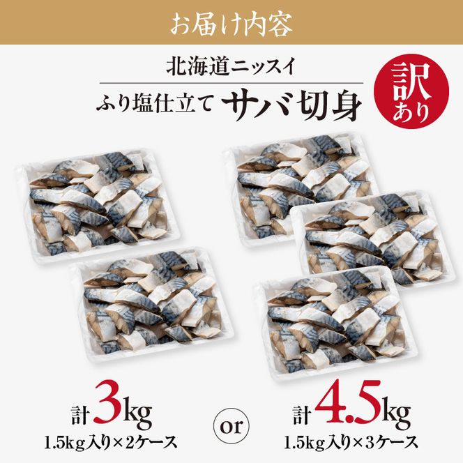 【選べる内容量】訳あり 塩サバ 切身 3kg  4.5kg 1.5kg 1ケース バラ詰め 冷凍 ノルウェー産 サバ ふり塩 サイズ ばらつき スレあり 訳あり品 食べやすいサイズ カット 焼くだけ お手軽 簡単 美味しい 北海道ニッスイ お取り寄せ 北海道 函館市 送料無料_HD247-001-sku