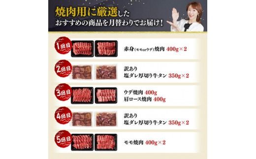 【5ヶ月定期便】厳選焼肉定期便【肉 牛肉 国産 宮崎県産 宮崎牛 焼肉 BBQ モモ ウデ 肩ロース 】[D11106t5]