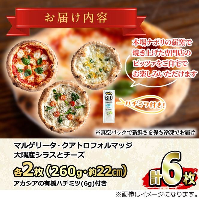 【0334704a】サクッ、もちっ！東串良のこだわり3種ナポリピッツァセット(各2枚・合計6枚) ピザ マルゲリータ クアトロフォルマッジ しらす シラス チーズ 詰め合わせ セット 冷凍【グラッツェタンテ】