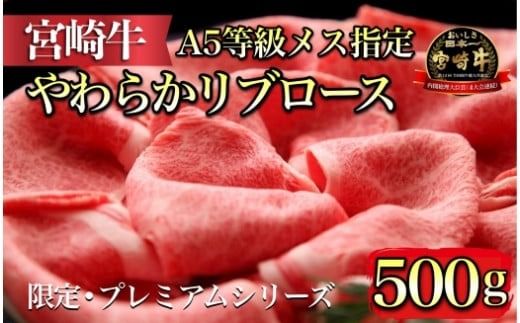 [限定・プレミアムシリーズ]厳選宮崎牛メス指定 A5等級リブロースすき焼き 500g(国産 牛肉 黒毛和牛 宮崎牛 希少部位 ロース すき焼き用 冷凍 内閣総理大臣賞)