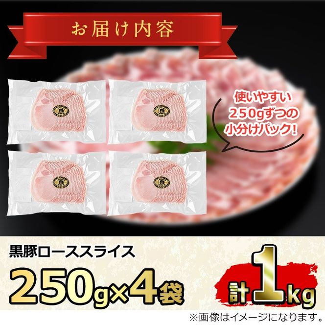 【0305123a】サクラ農場の鹿児島黒豚！ローススライス(約250g×4パック・計約1kg) 国産 黒豚 豚肉 ぶた肉 ロース 短鼻豚 冷凍 冷凍配送 【鹿児島ますや】